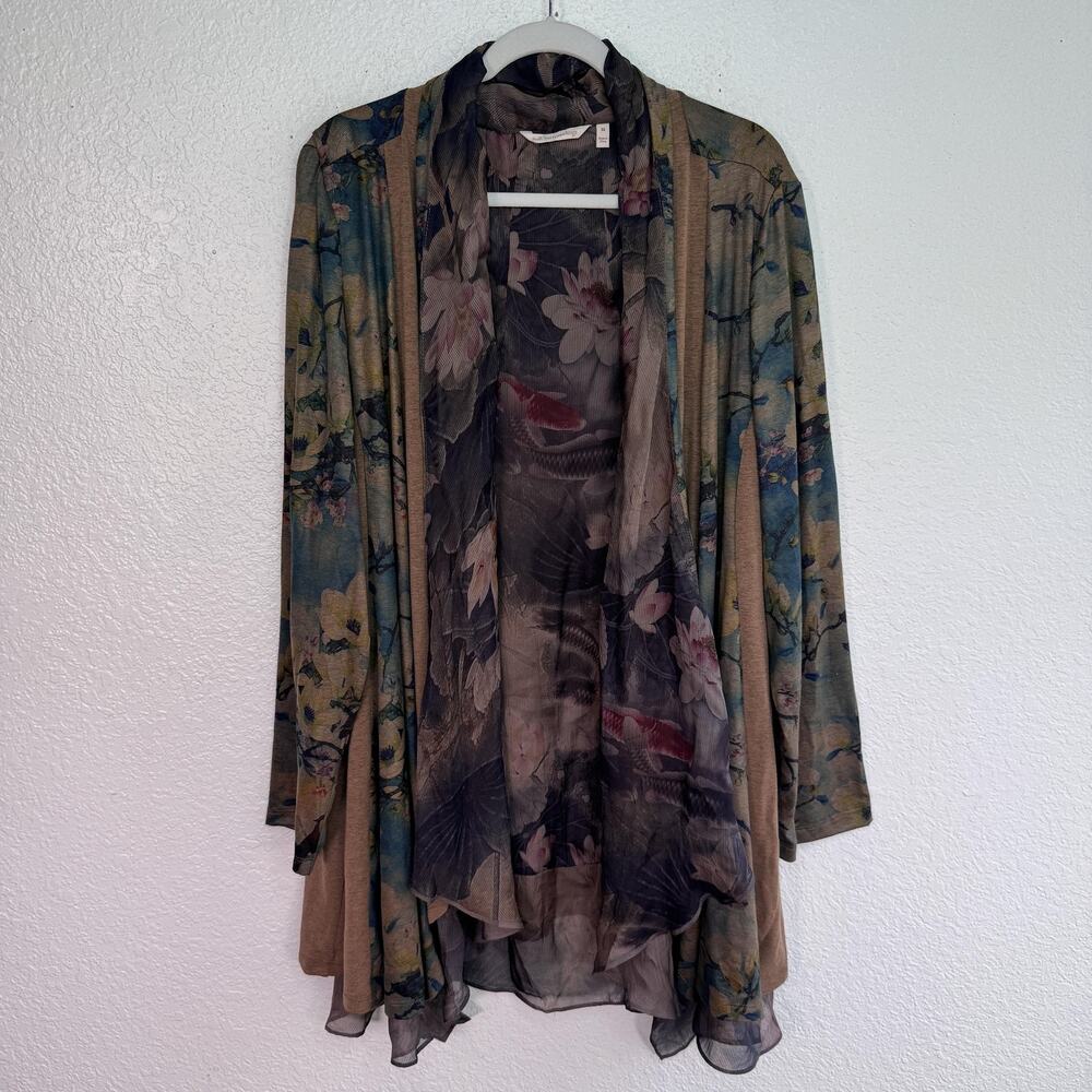 Soft Surroundings Cardigan Womens 3X Floral Waterfall Open Front Koi Fish Bird